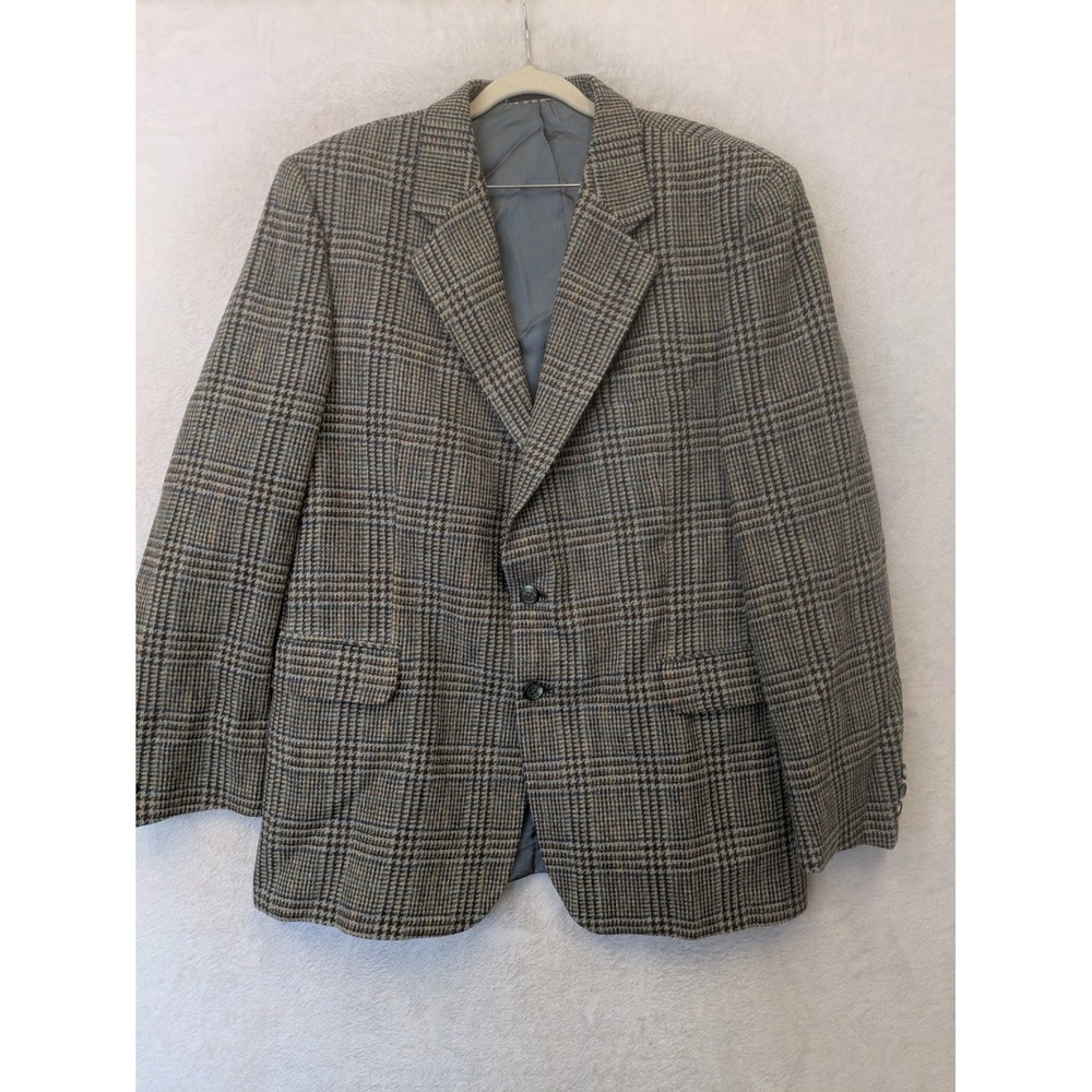 English Manor Blazer Men's 41R Brown Blue Plaid Wool Tweed Sport Coat Jacket